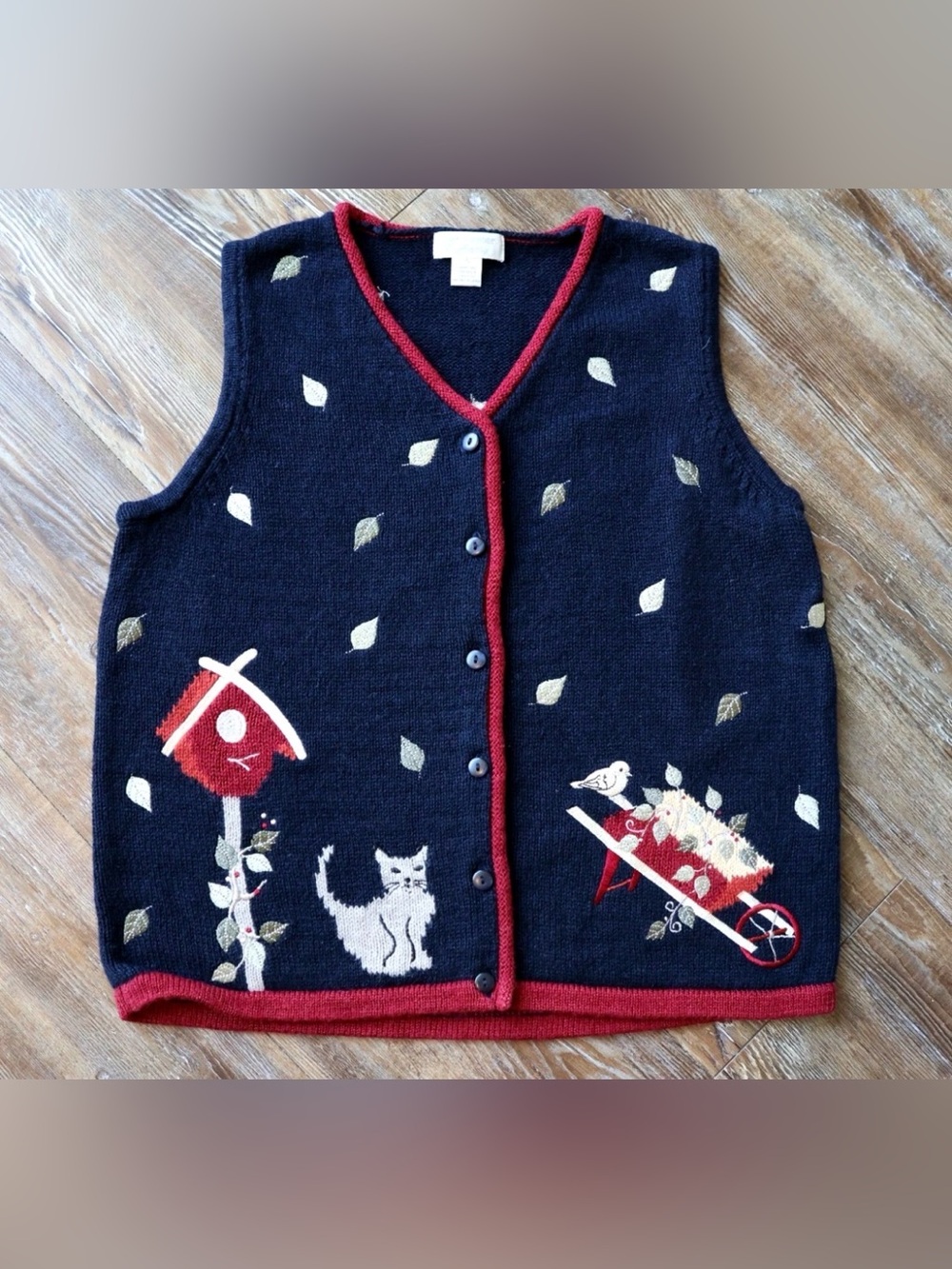 Vintage 2002 Christopher & Banks Cat Birdhouse Wheelbarrow Sweater Vest Womens S